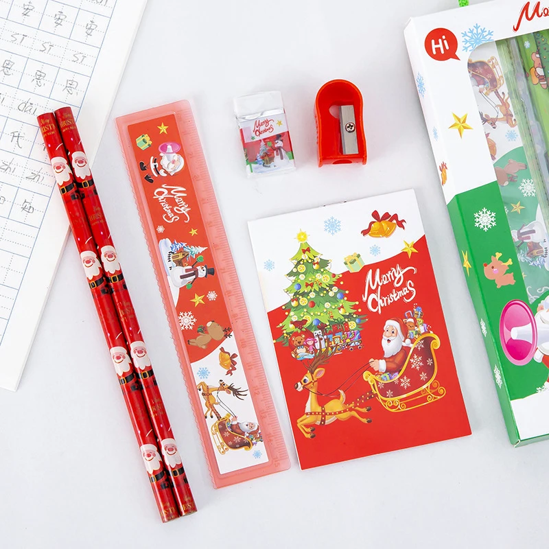 6Pcs/set Christmas Series Kids Stationery Students Ruler Pencil Eraser Pencil Sharpener Notepad Kit School Rewards Supplies