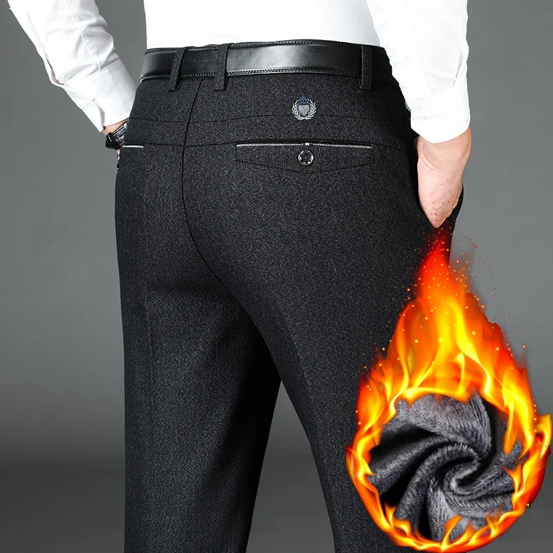 

2025 зимние высококачественные флисовые свободные прямые мужские повседневные брюки на шерстяной подкладке, деловые повседневные теплые брюки с высокой талией