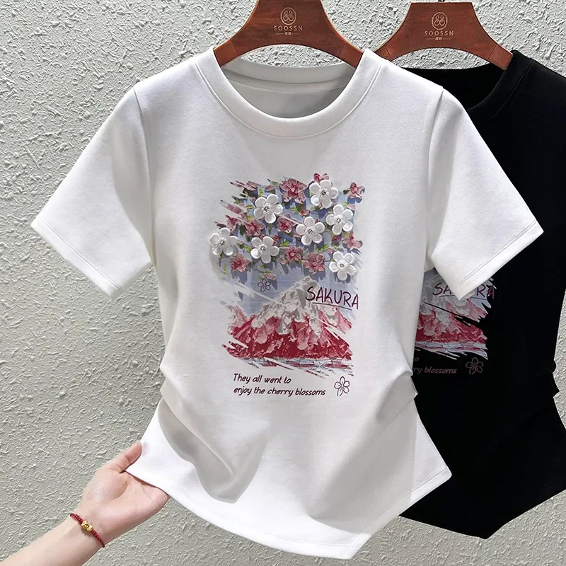 Printed Short Sleeve T-shirt Women's Summer Ins Fashion 3D Cherry Blossom Pleated Slim Fit Top Goth Shirts for Women Z277