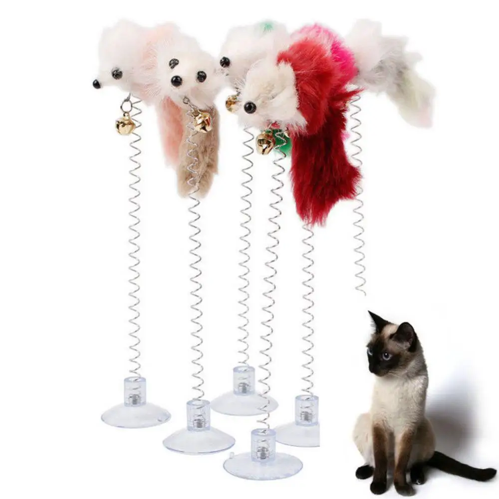 1pc 20cm Handfree Cat Stick Sucker Spring Plush Mouse Kitten Playing Teaser Wand Toy Suction Cup Mouse Cat Wand Interactive Toy