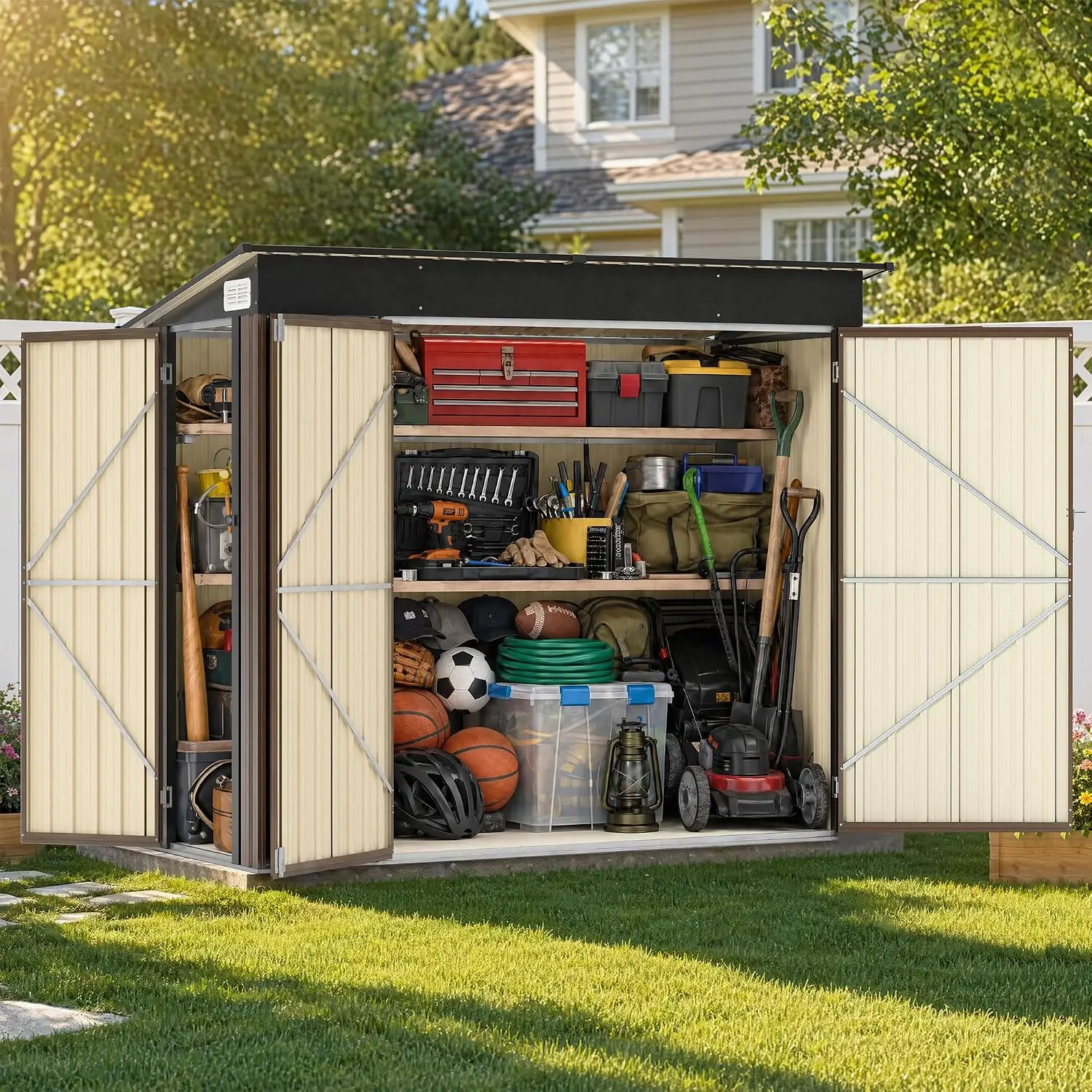 8 x 4 FT Outdoor Storage Shed, Galvanized Steel Tool Shed with Double Lockable Doors, Air Vent & Sloped Roof for, Customized