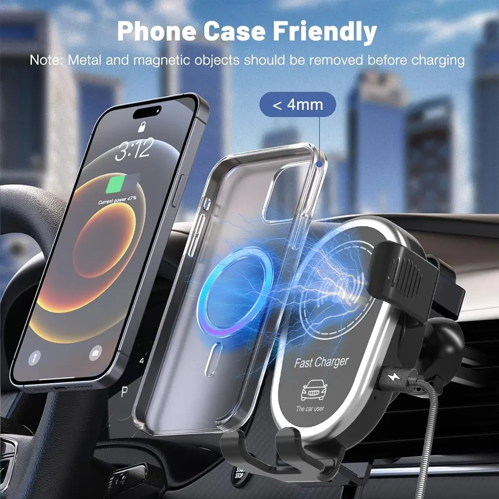 15W Magnetic Wireless Car Charger, Automatic Clamping Phone Mount for iPhone 15 14 13 12 Samsung S24 S23, Fast Charging
