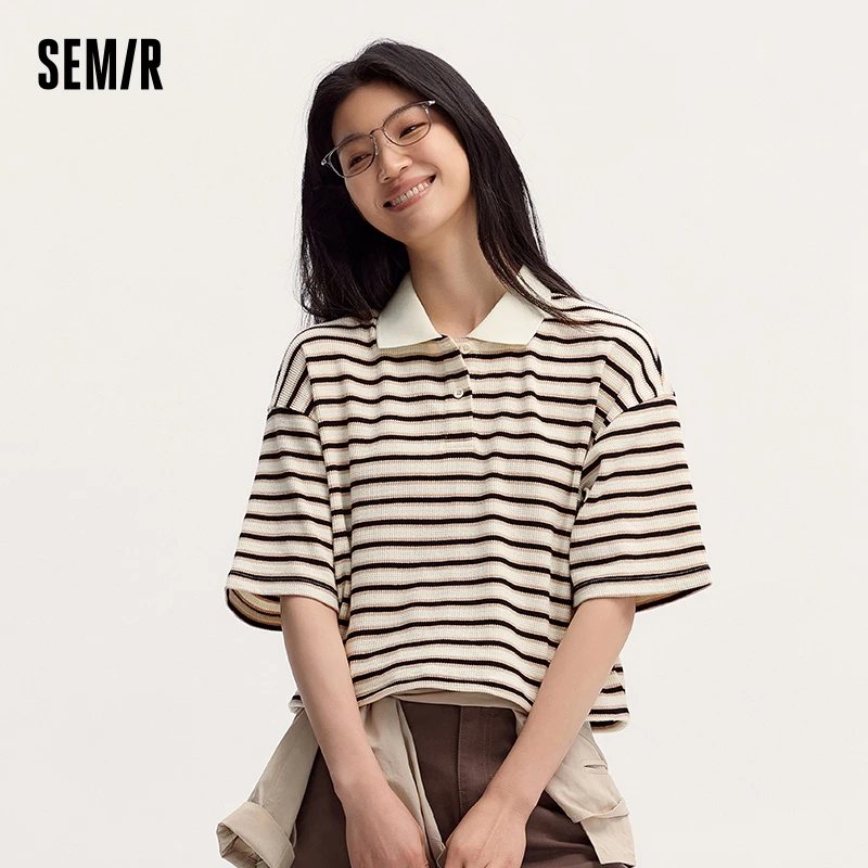 Semir Polo Shirt Women Short-Length Loose-Fit 2024 Summer New Fashionable Vintage Collegiate Style Textured Striped Top