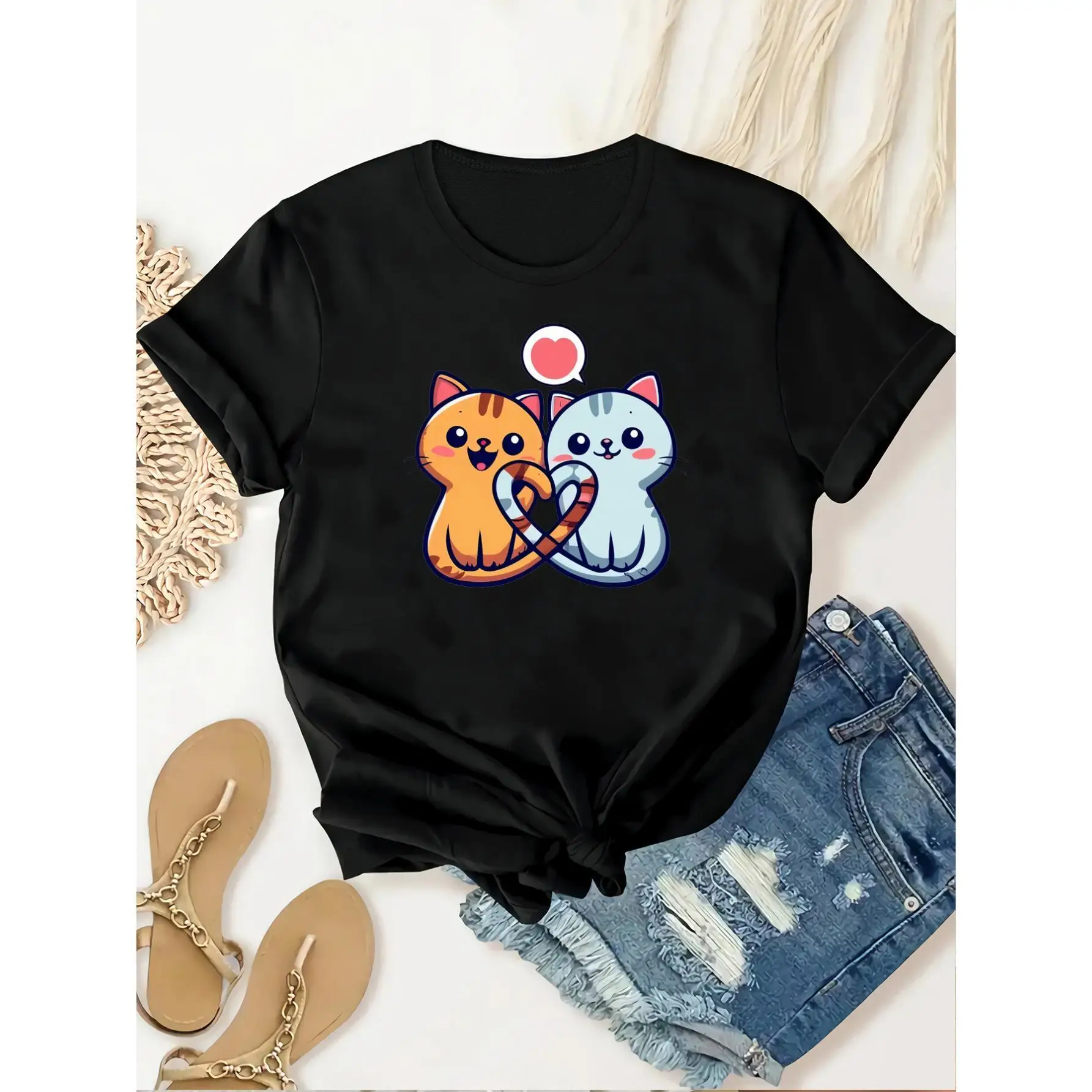 

Women's Cute Couple Cats T-shirt Heart Tail Print Short Sleeve Loose Cartoon Love Theme Top Pet Lover Gift Fashion