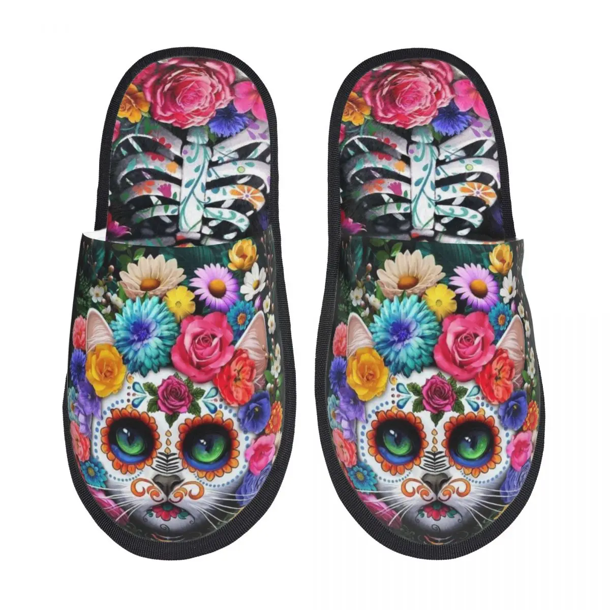 

Custom Print Women Day Of The Dead Cat Floral Skull House Slippers Cozy Warm Memory Foam Fluffy Slipper Indoor Outdoor Shoes