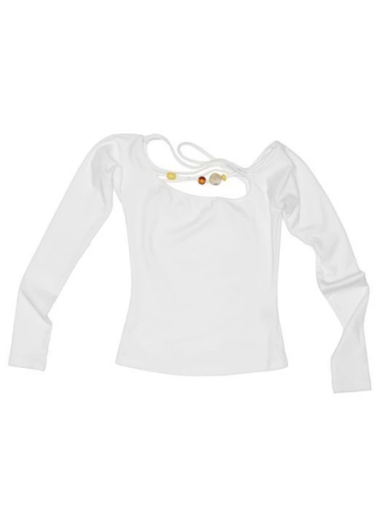 2025 Sexy Slash Neck Vintage Grunge Tshirts Women Y2k Aesthetic Hollow Out Beads Tops Autumn Harajuku Fairy Bodycon Solid Tees