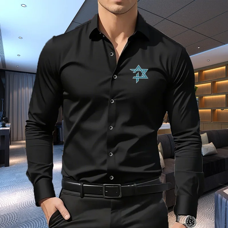 Men's Premium Business Casual Shirt with LOGO Print Slim Fit Long Sleeve Wrinkle Resistant Dress Shirt Multi Styles Available