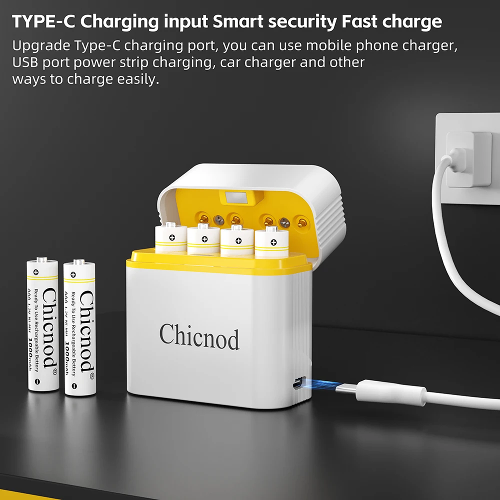 Chicnod AAA Ni-MH Rechargeable Battery Charger Set 4 Slot USB Type-C Smart Fast Charger with 4x AAA 1000mAh Batteries