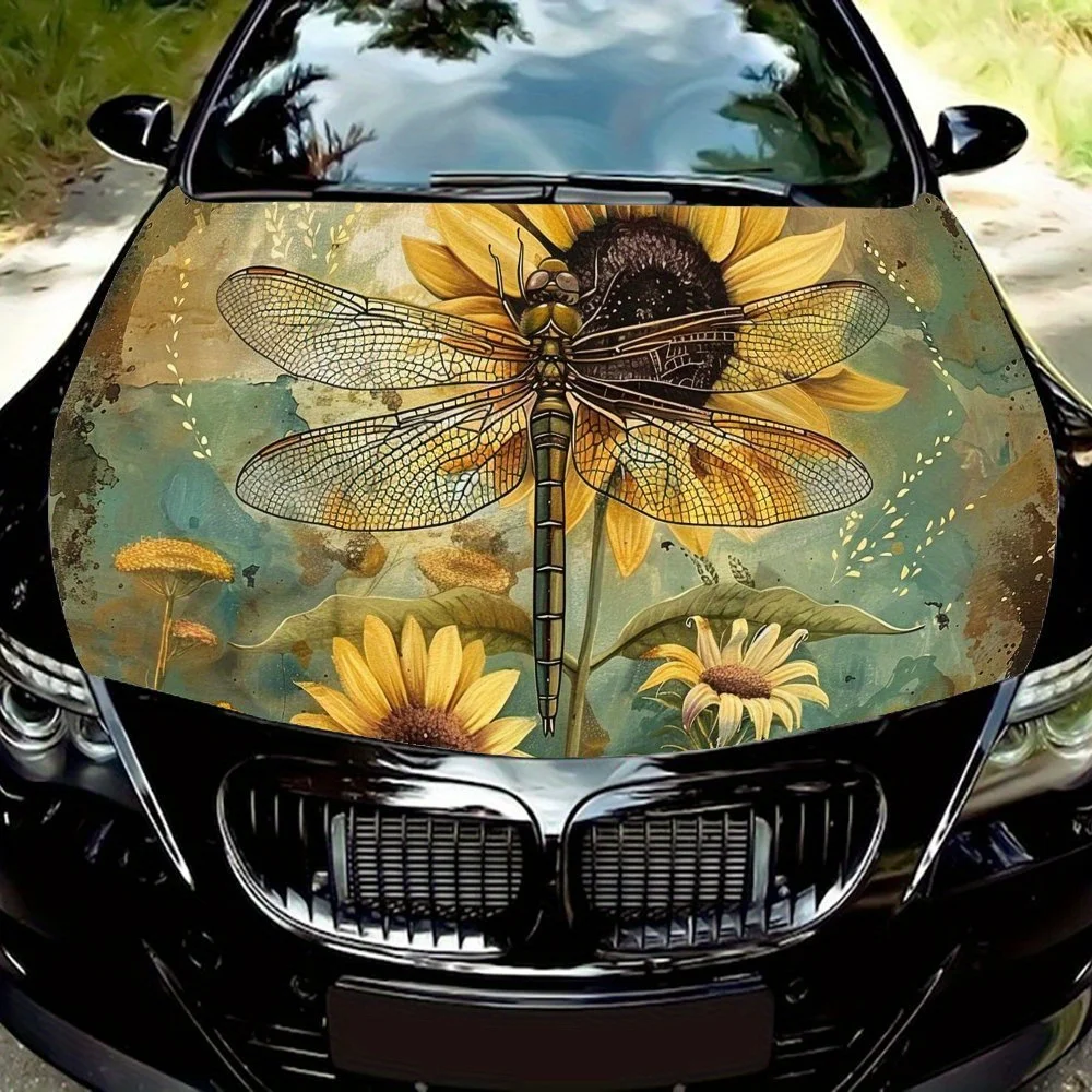 

Golden Sunflower Dragonfly Print Car Hood Vinyl Wraps Sticker, Car Engine Decal, Waterproof Self-adhesive Car Packaging Cover, U