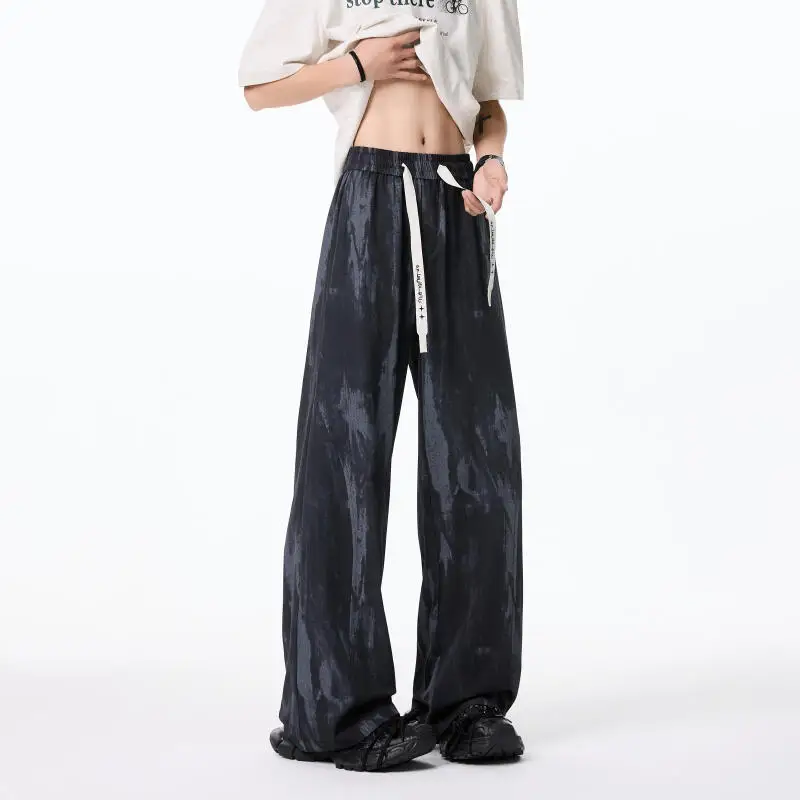 2026 Spring Summer Men Casual Tie-Dye Pants Men Loose Long Pants Male Trendy Straight Trousers Man Vintage Black White Pants