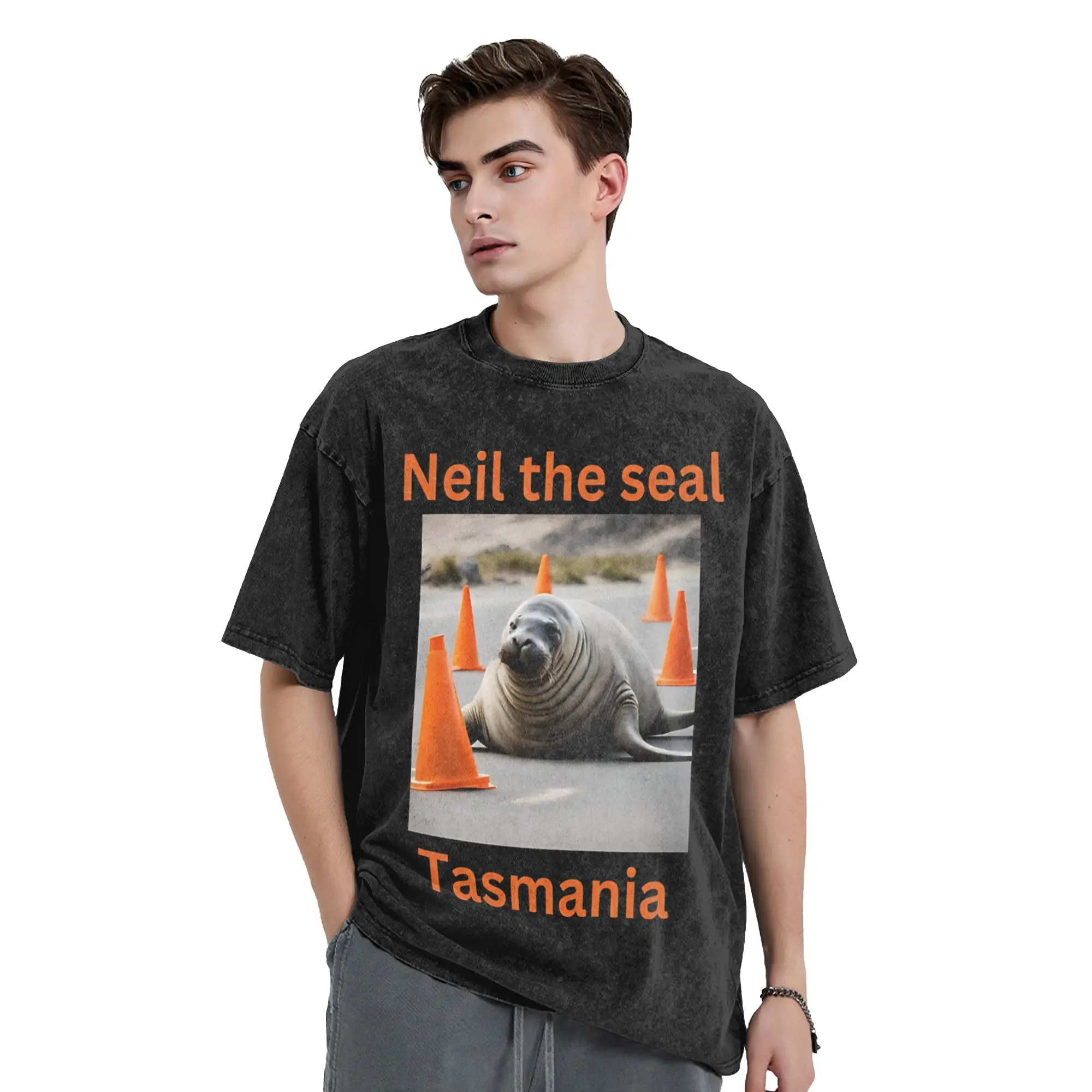 Tasmania's Neil Seal T Shirt Hip Hop Washed Short Sleeve Street T-Shirt  Vintage for Men Women Tops Streetwear Graphic Tees