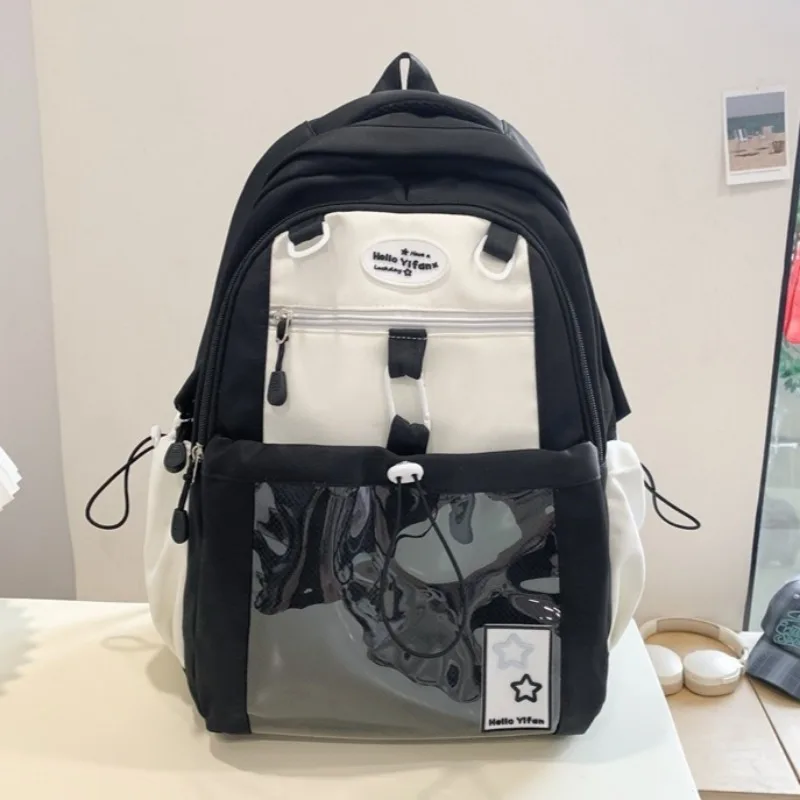 Korean Fashion Nylon Backpack Middle School Students Schoolbags Clear Pocket Pain Bag Girls Cute Rucksack Large Kawaii Book Bag