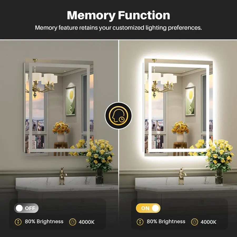 กระจกห้องน้ำ LED พร้อมไฟ, ไฟส่องด้านหลังและด้านหน้า, กระจกแต่งหน้าห้องน้ำแบบมีไฟป้องกันฝ้าสำหรับติดผนัง, ฟังก์ชั่นหน่วยความจำ, ปรับความสว่างได้