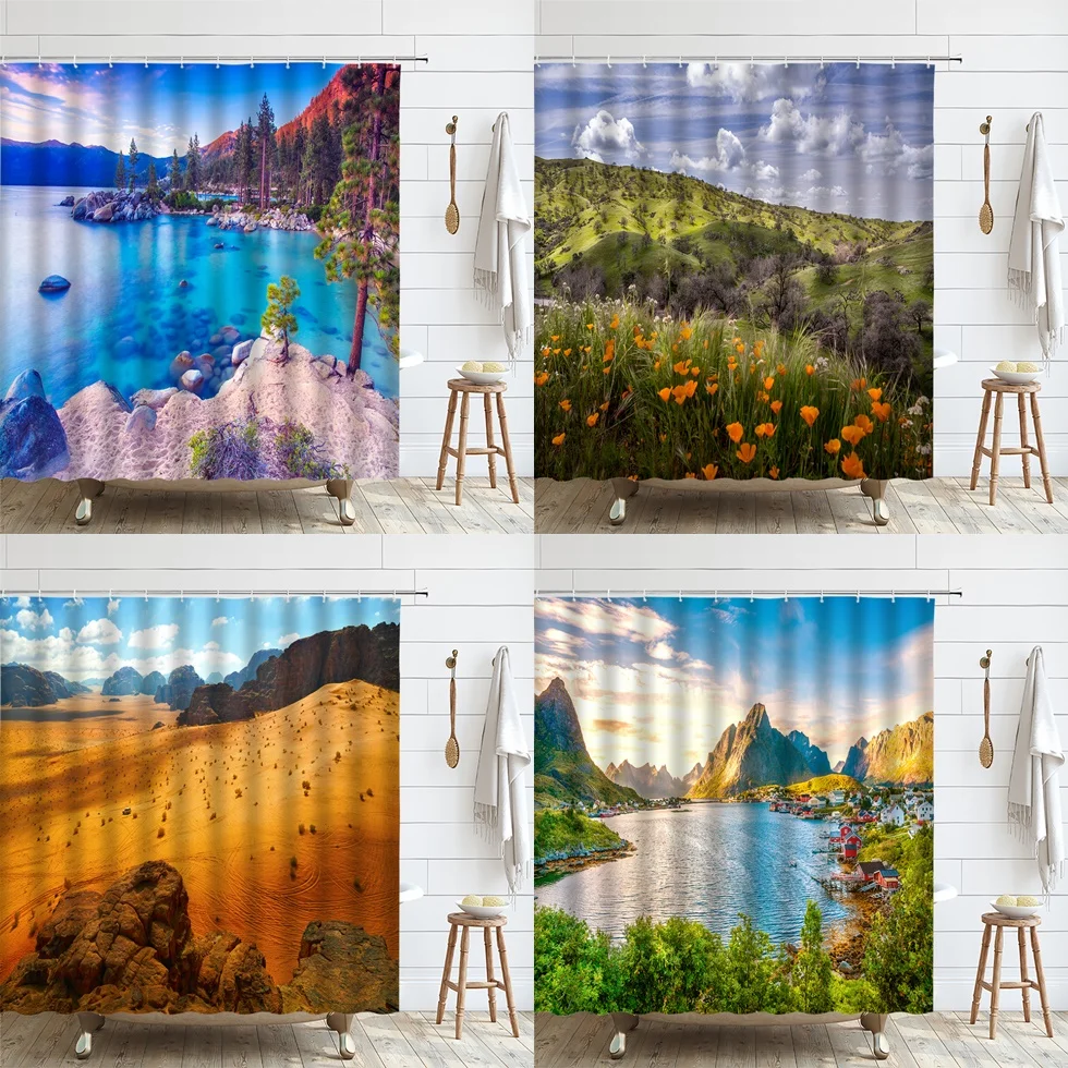 

Natural Landscape Shower Curtain Mountains Forest River Summer Sky Polyester Fabric Screen Bathroom Decor Curtains Set with Hook