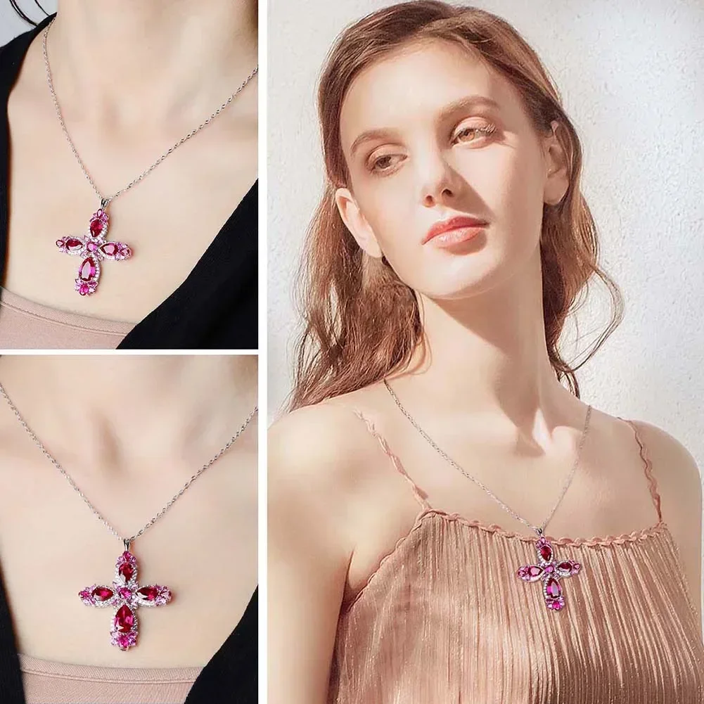 GZ ZONGFA 925 Sterling Silver Cross Pendant Necklace for Women 5.5 Carats Red Gemstone Sweater Chains Fine Jewelry Gifts