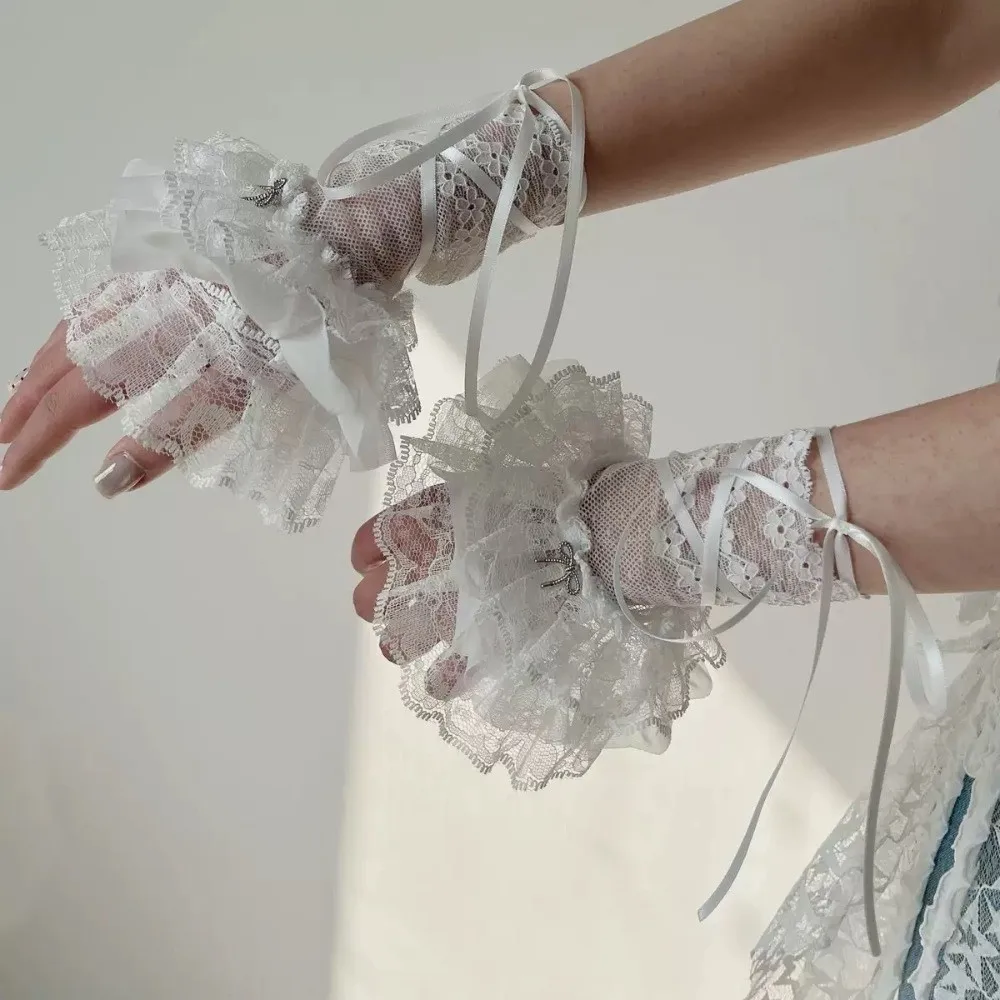 Vintage JK Lolita Wristband Silk Ribbon Flare Style Lace Wrist Cuffs Ruffles Gloves Cosplay Accessories