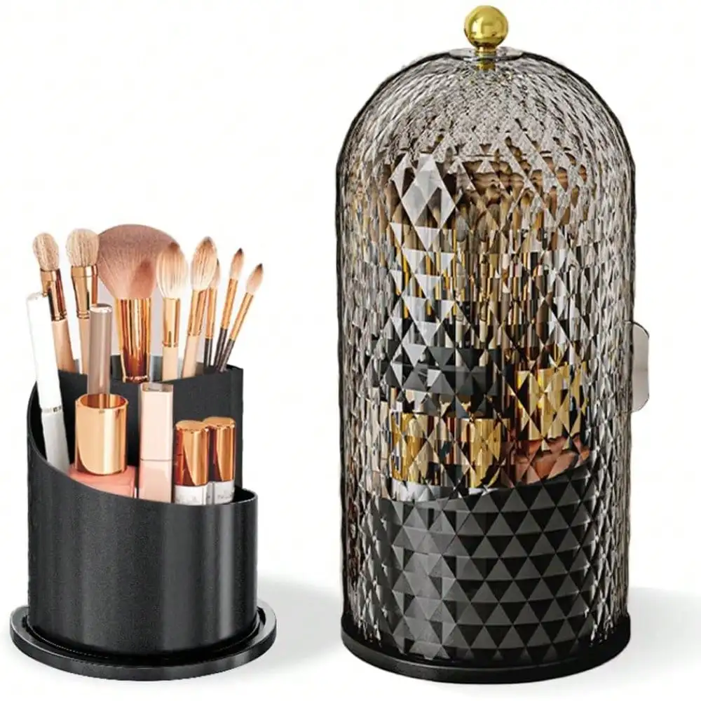 

360 Rotating Multifunction Clear Dustproof Skincare Cosmetic Tools Storage Organizer, 3-Slot Makeup Brush Holder With Lid, For Vanity Desktop Bathroom Countertop And Tooth Brush, Toothpaste
