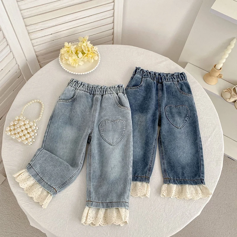 2-6 سنوات الفتيات الجينز طفل الفتيات القلب الجينز ربيع الخريف الفتيات سراويل جينز عادية الاطفال تمتد متوهج السراويل ملابس الأطفال #1