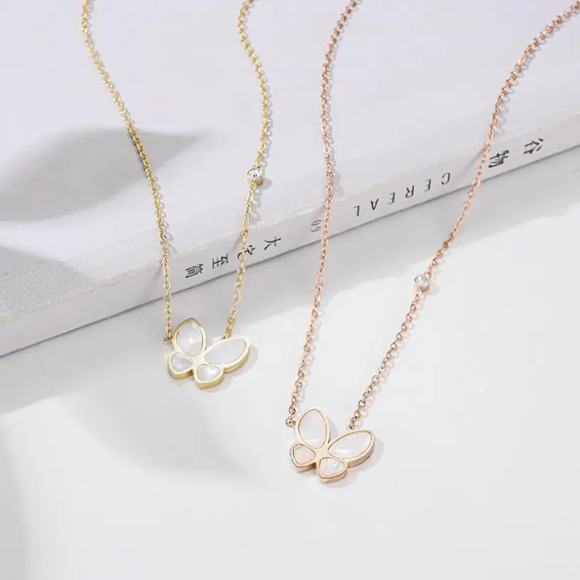 316L Stainless Steel Fashion Fine High-end Jewelry Natural Shell Zircon Butterfly Charms Collier Necklaces Pendants For Women
