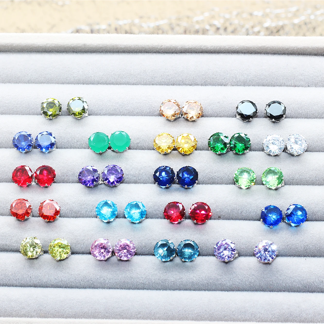 new Classical Stainless steel With 8mm Round AAA Colorful Zircons Stud Earrings 20 Colors For Choose