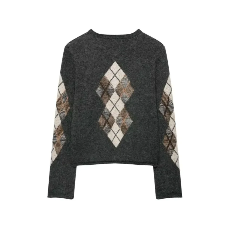 Guobioziy Womens Minimalist Style Argyle Knit Cardigan 2026 Autumn Casual O Neck Long Sleeve Button Up Chic Female Tops view 3