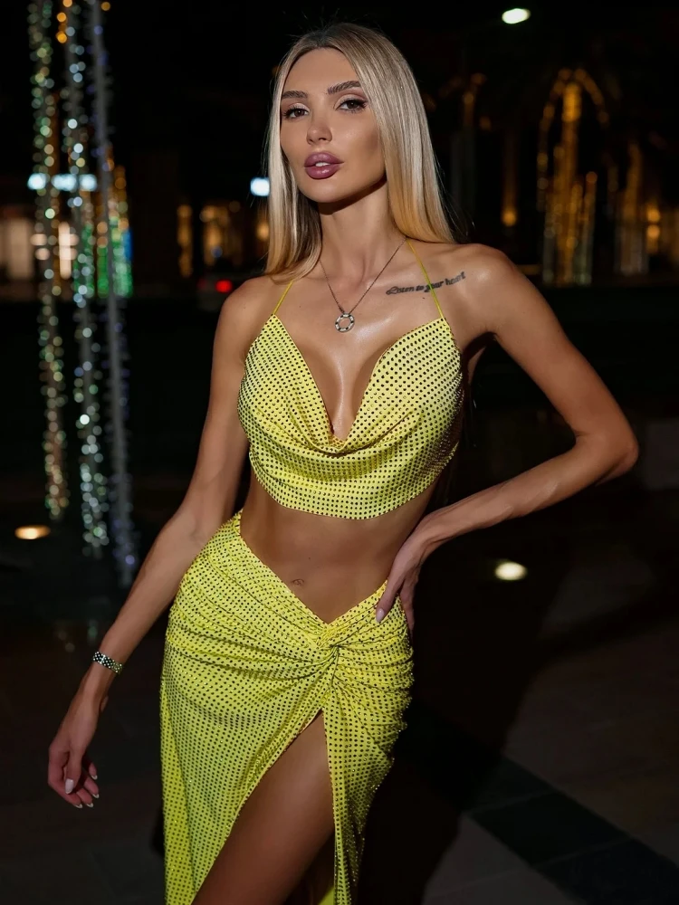 New Women Sleeveless Tops + Maxi Skirt 2 Piece Sets Sexy Hater Backless Diamonds Tops High Split Skirt Suits Nightclub Beach