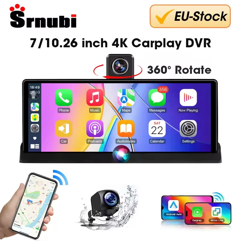 7/10,26" Dash Cam 4K Car DVR Wireless Carplay Android Auto 360 ° Ruota la telecamera posteriore anteriore 1080P Navigazione GPS 5G Wifi FM AUX BT5