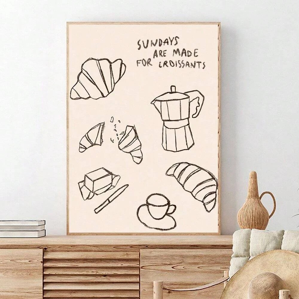ملصق فني من القماش الكلاسيكي للإفطار، ديكور جدار المطبخ بدون إطار مع الخبز، مطبوعات كرواسون وعاء القهوة، مثالي لغرفة النوم، #3