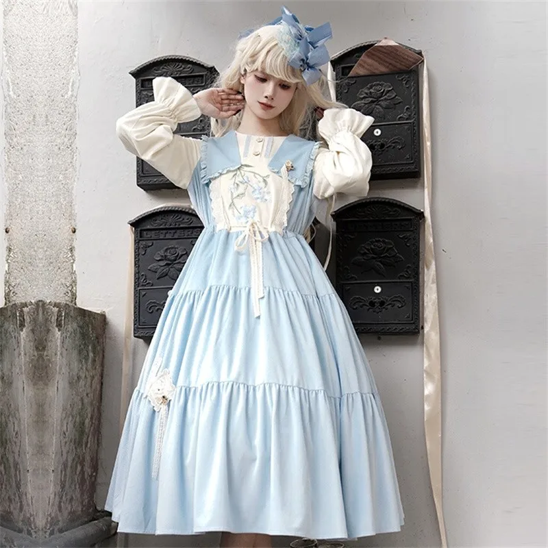 

Spring Lolita OP Dress Fresh Blue Fake Two Piece Pastoral Style Flower Embroidered Dress With Bowtie