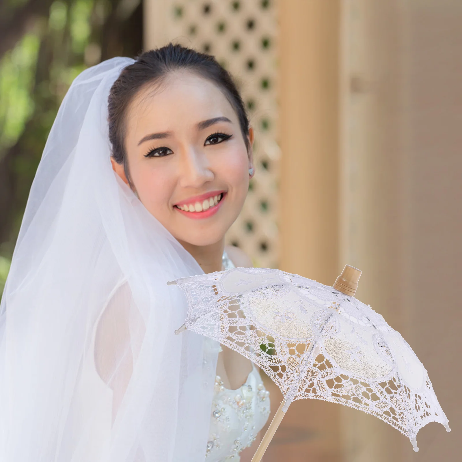 Cotton Umbrella Dress up White Craft Lace Hairpin Embroidery Parasol Wooden Bridal Veil