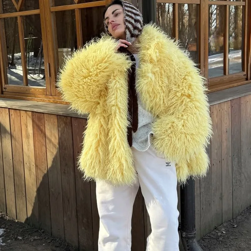 سترة نسائية من فراء الثعلب الصناعي المنفوش من Talenza معطف شتوي فضفاض فاخر بأكمام طويلة وخصر عالي معطف مرقع ملابس خارجية للنساء 2025