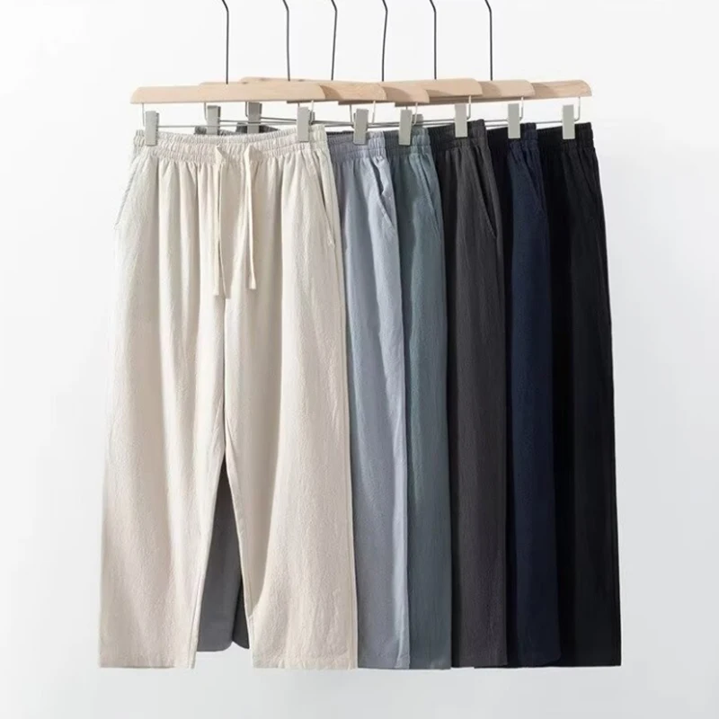 Linen pants men's autumn thin loose Chinese men's casual pants straight leg hanging wide-leg pants