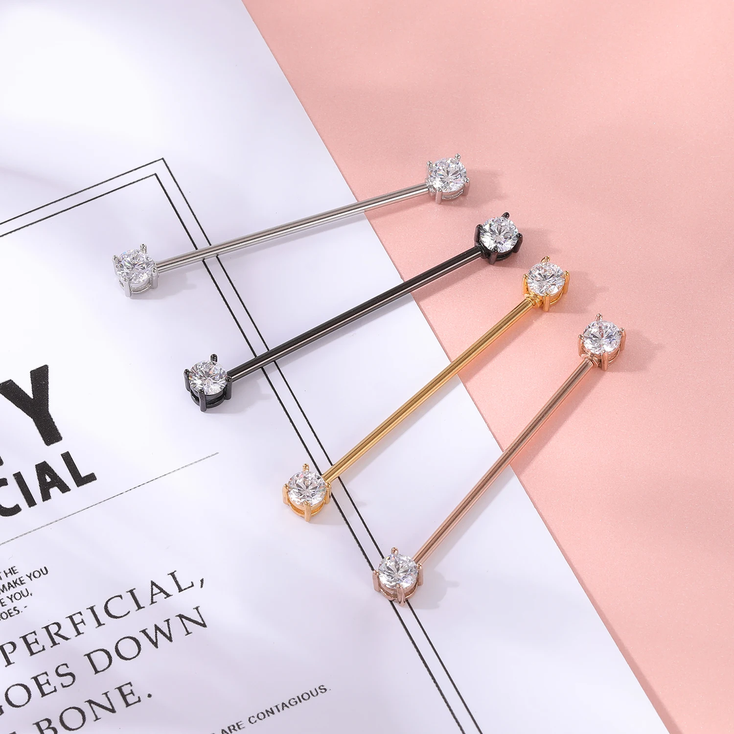 AOEDEJ 14G Industrial Barbell Piercing Set Pearl Zircon Industrial Jewelry Stainless Steel Cartilage Helix Piercings Earring