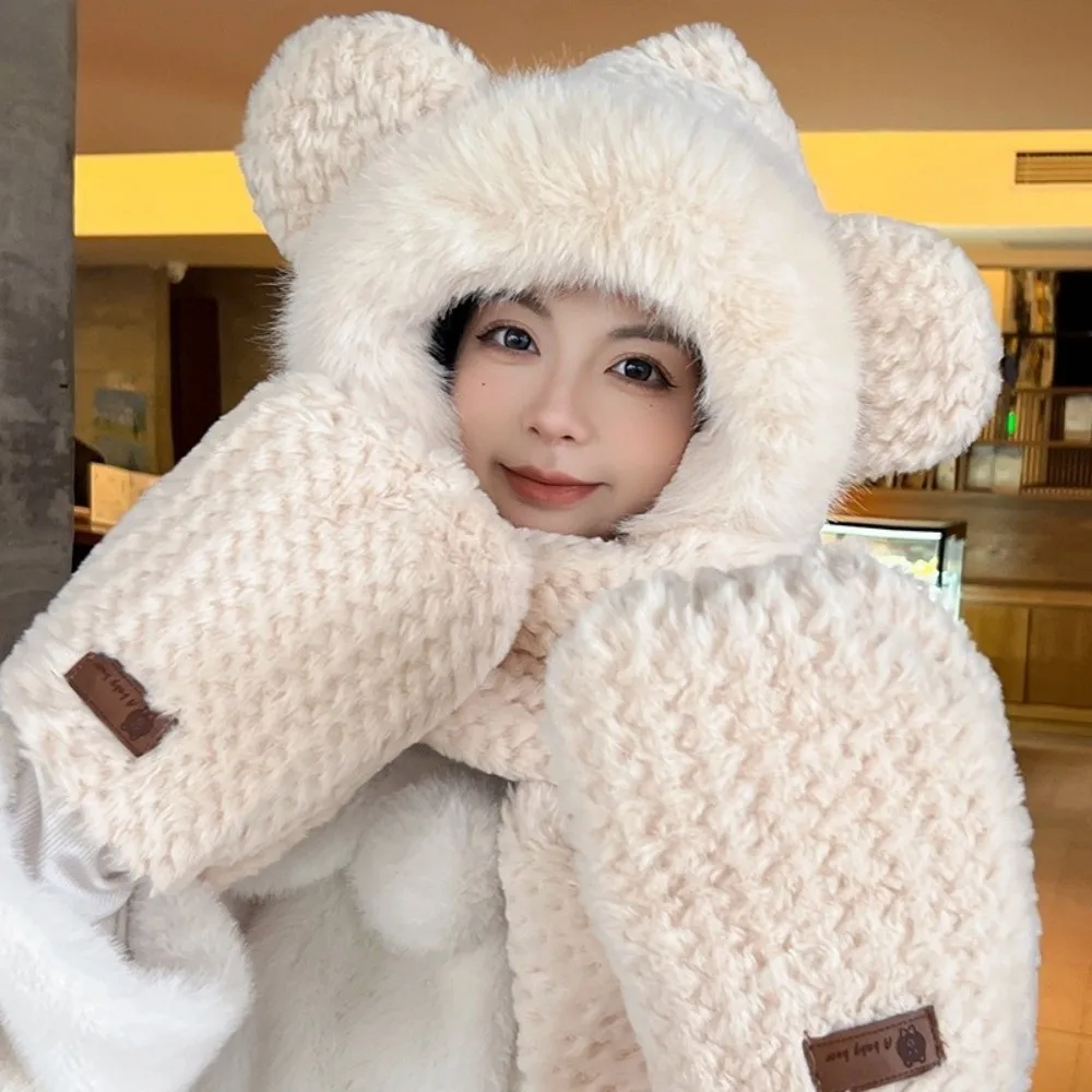 Cute Warm Hooded Scarf Hat Thickened Windproof Warm Cap Anti-Freezing Fluffy Soft Winter Hat Scarf Set for Daily Wear