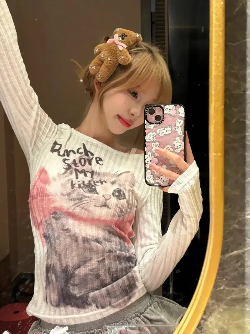 American Texture Cat Printed Long Sleeve T-shirt Women Tops Spring