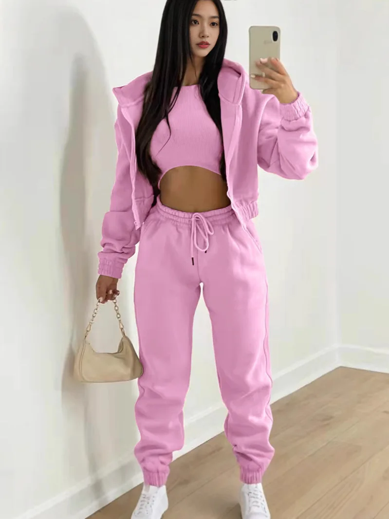 Ladies Tracksuit Zippered Hooded Jogger Tracksuit Thermal Lined Trousers Tracksuit Fashionable Athleisure Cozy Ensemble view 3