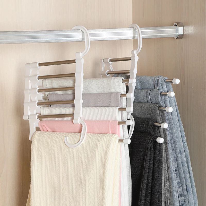 

Stainless Steel Telescopic Folding 5-Layers Pants Clothing Rack,Clothes,Pants,Tie,Closet Adjustable Magic Trouser Hangers Home