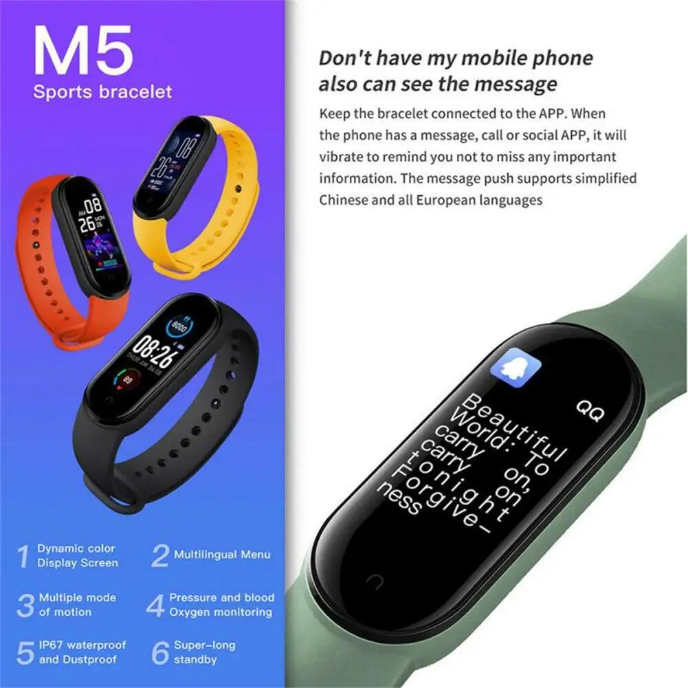 Montre intelligente étanche M5 pour hommes et femmes, mouvement Bluetooth, musique, fréquence cardiaque, HRV, bracelet intelligent pour étudiants, IOS, Android