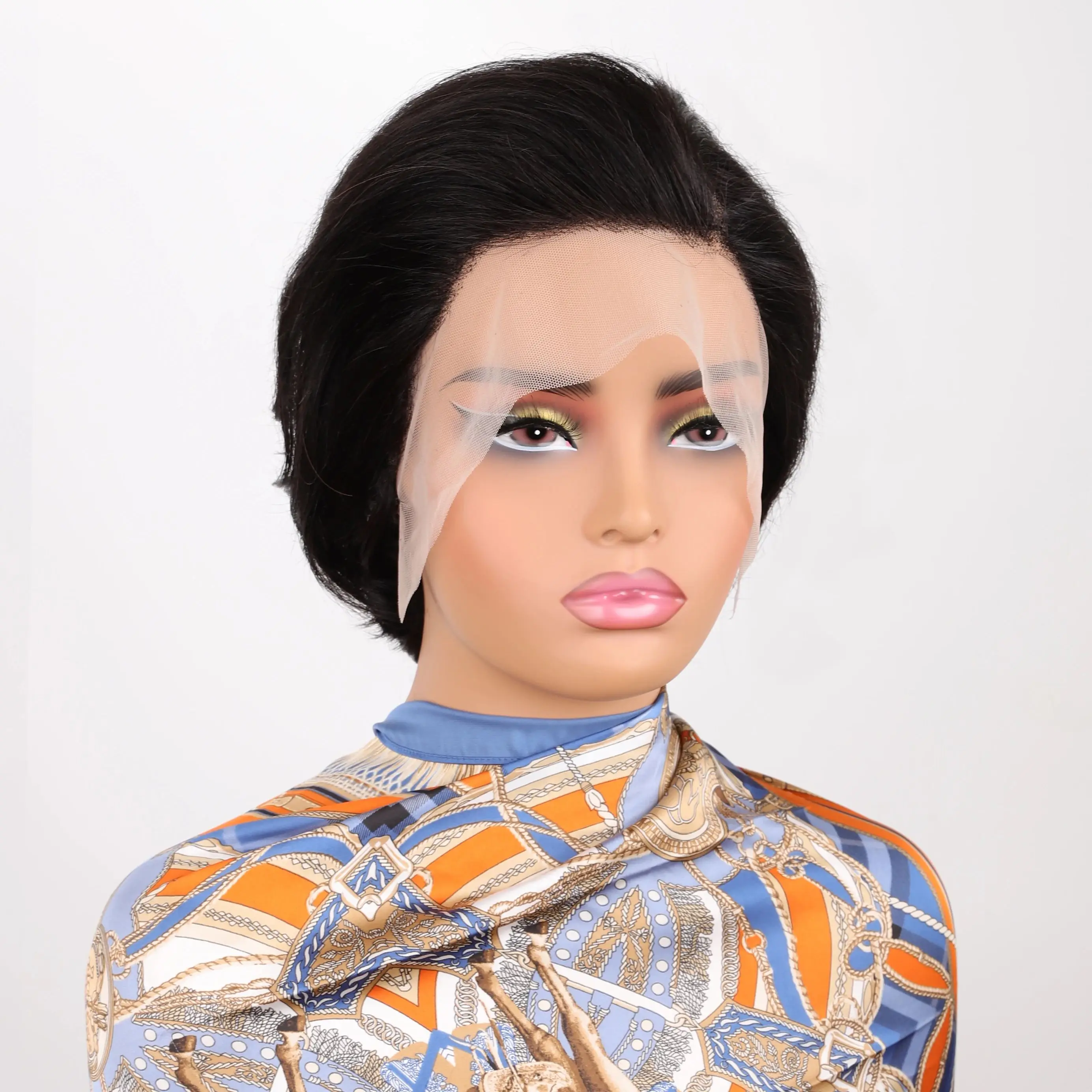 ショートピクシーカットストレートヘアウィッグナチュラルブラックヘアウィッグ