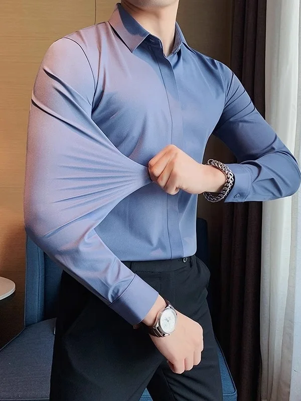 

Мужская рубашка-поло из корейской ткани, повседневная, класса люкс, деловая, с пуговицами, приталенная, не требующая глажки, однотонная