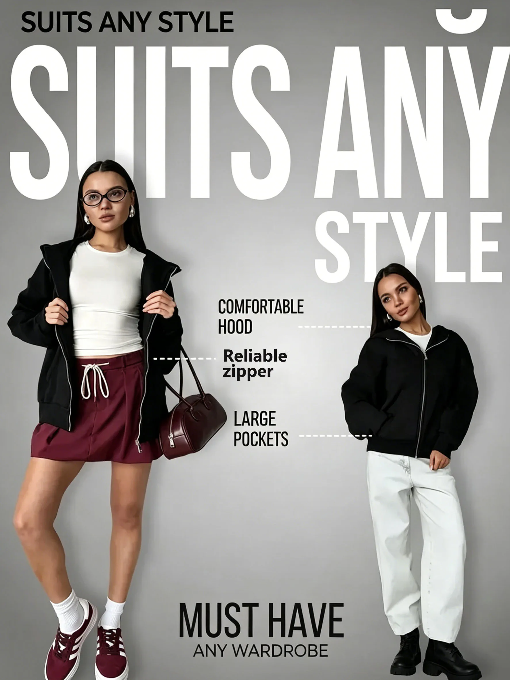Women Oversized Zip Up Hoodie Solid Black Loose Full Zipper Hooded Sweatshirt Casual Pocket Streetwear Soft Thick Hooded Jacket