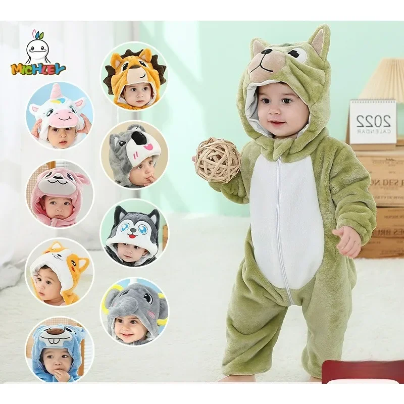 Baby Romper Flannel Animal Jumpsuit for Kids Boys Autumn Winter Girls Cartoon Hooded Romper Home Loungewear