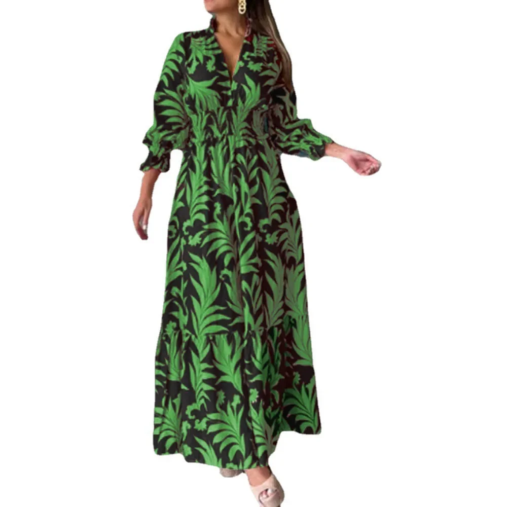 Europe and the United States new autumn and winter long skirt waist set boho print long-sleeved big swing dress