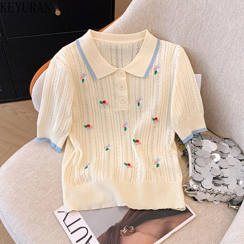 2024 Spring Summer Flower Short Sleeve Sweater Women Knit T-Shirt Thin Hollow Out Polo Collar Pullover Knitwear Tops Tees Jumper