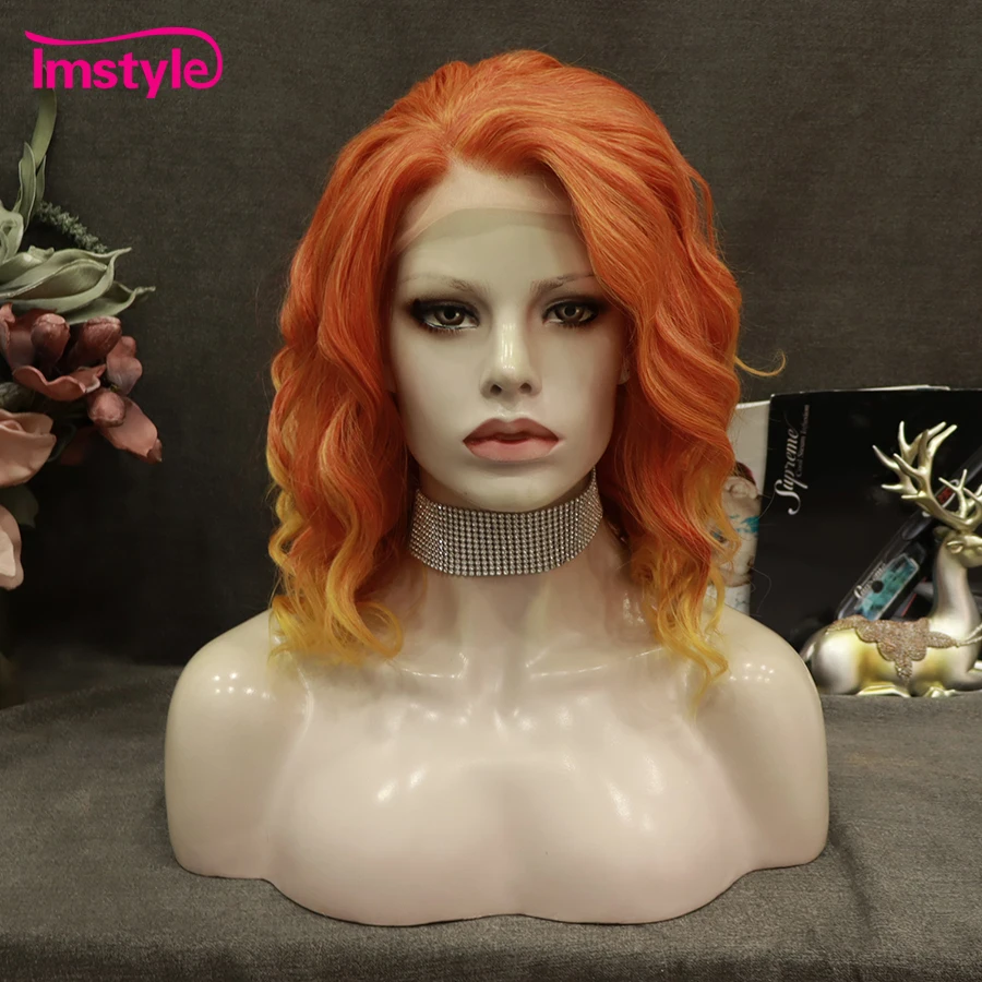 Imstyle Ginger Short Wig Synthetic Lace Front Deep Wave Ombre for Women Heat Resistant Fiber Cosplay Hair Wig