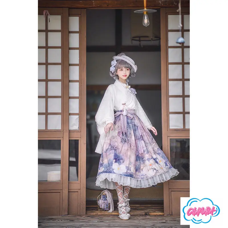 

Floral Print High-waist Skirt Vintage-style Lolita Layered Ruffled Hem with Lace Trim Elegant A-line Mid-length Pleated Skirt