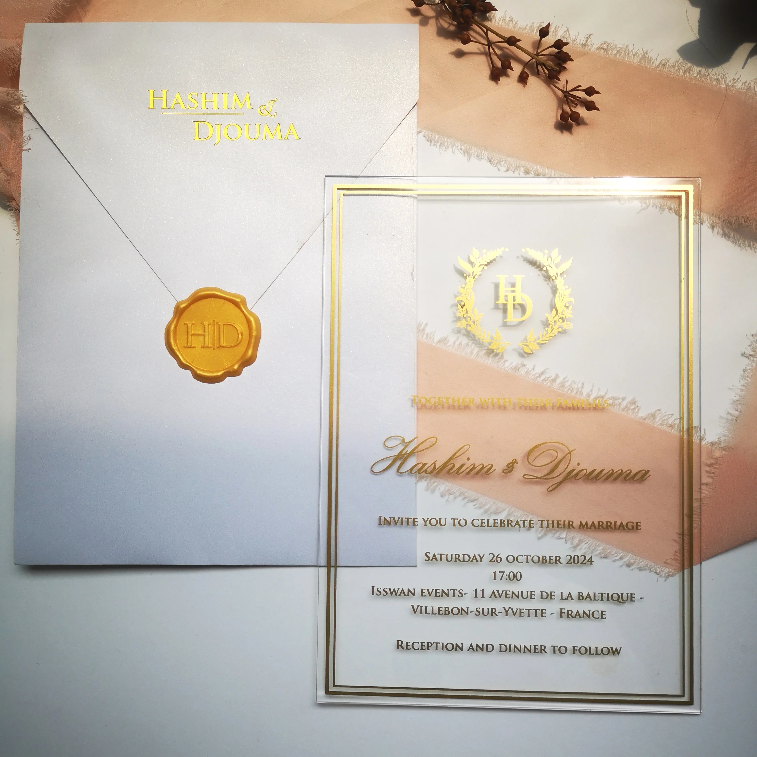 

Transparent Custom Wedding Invitation, Acrylic Invitation, Gold Shiny, Printed Envelope Bridal Shower Flower Seal