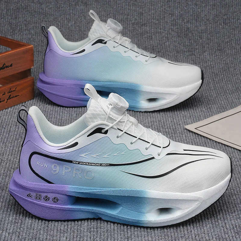 Men Carbon Plate Running Shoes Rotating Buckle Lightweight Breathable Sneakers Shock Absorption Athletic Training Sports Shoes