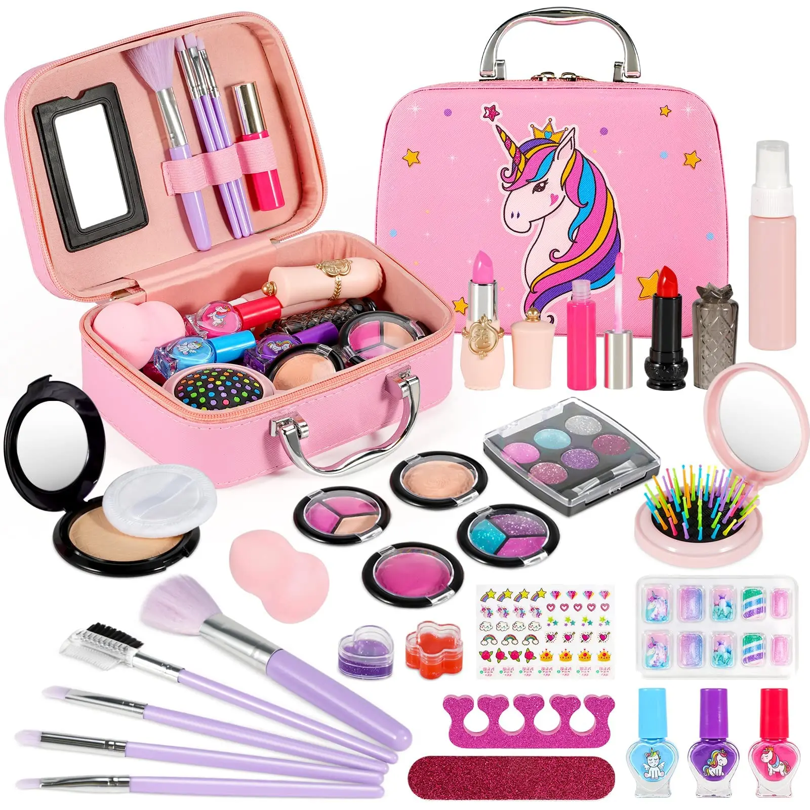 Set de maquillaje infantil para niñas, juego de cosméticos lavable de 27 piezas con estuche de maquillaje para niños, juguete de juego de rol y