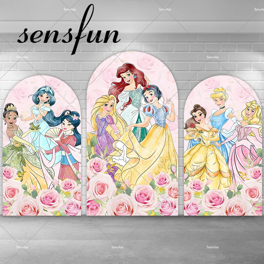 Fairy Princess Girls Newborn Baby Shower 1st Birthday Party Arch Backdrop Pink Flowers Belle Ariel Cinderella Jasmine Banner